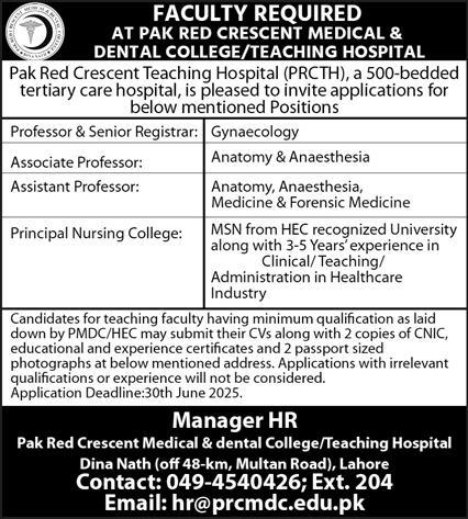 Professor Jobs in Pak Red Cescent Medical & Dental College Lahore